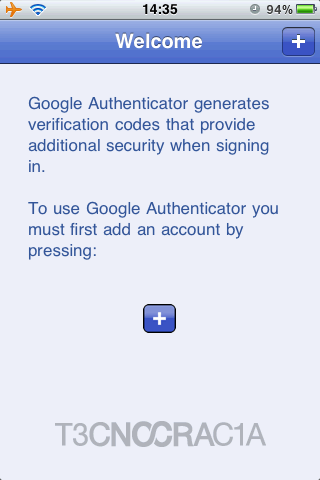 Tela inicial do Google Authenticator