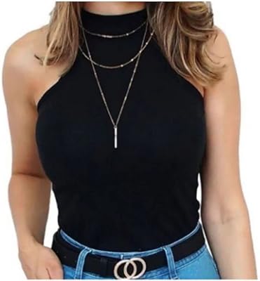 Blusa Feminina Preto Canelada Gola Alta Manga Cavada Sem Manga  