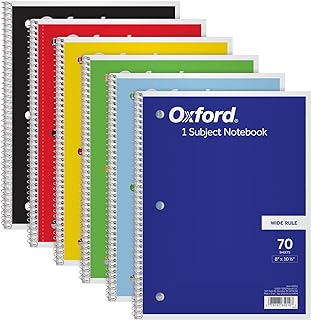 OXFORD Pacote com 6 cadernos espirais, 1 assunto, papel pautado largo, 20 x 26 cm, azul, amarelo, vermelho, azul claro, verde e preto, 70 folhas (65010), Cor: Sortidas  