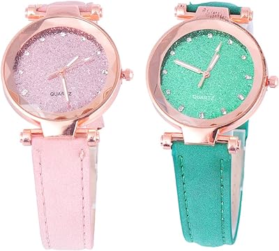 Relógio de pulso-Relógio feminino de 2 unidades projetado para o céu estrelado Relógio de quartzo da moda Relógio de pulso brilhante (verde e rosa)  