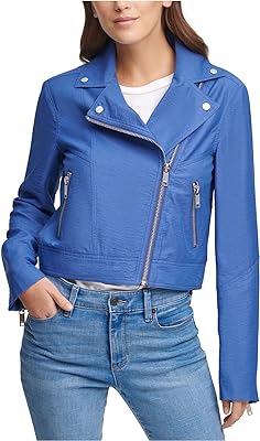 DKNY Womens Zipper Motorcycle Jacket, Blue, Medium  