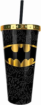 Spoontiques  Copo de alumínio Batman com canudo, 590 ml, preto 