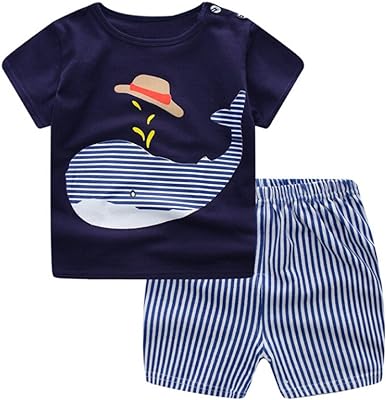 Conjunto de 2 peças para bebês recém-nascidos, meninos e meninas, blusa de baleia e calça listrada  