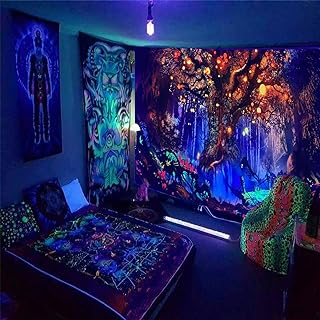 Auntzyj Tapeçaria fluorescente, árvore da vida, esqueleto, céu estrelado, pano de fundo de luz negra, pano decorativo para pendurar (elfo, 150 x 99 cm)  