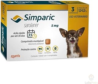 Simparic 5mg, 1,3 até 2,5kg, 03 Compr Zoetis para Cães  